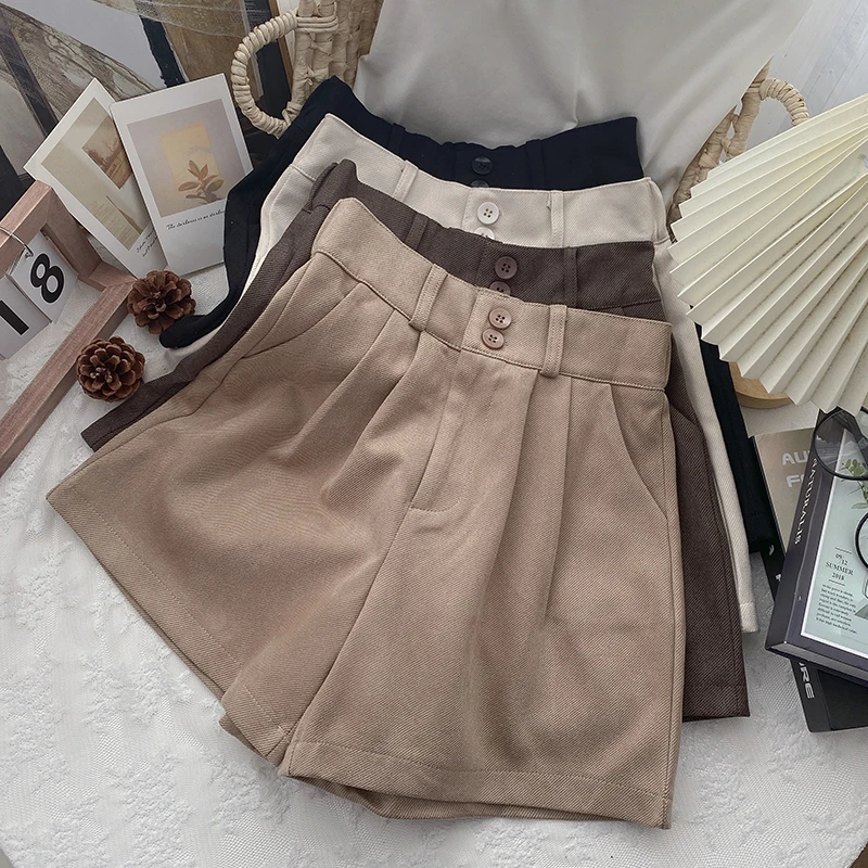 Formal Double-breasted Button High Waist Slim Shorts 2021 Autumn Winter Casual Short Pants Korean Elegant Wide Leg Boots Shorts