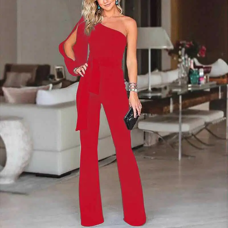 Women Long Sleeve Jumpsuit Fashion Summer Solid Color One Shoulder Jumpsuits