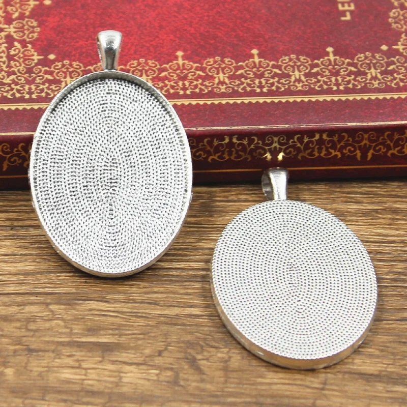 3pcs Fit 40x30mm Simple Oval Glass Cabochon Base Setting Antique Bronze Silver Color Color Pendant Tray For Jewelry DIY Making