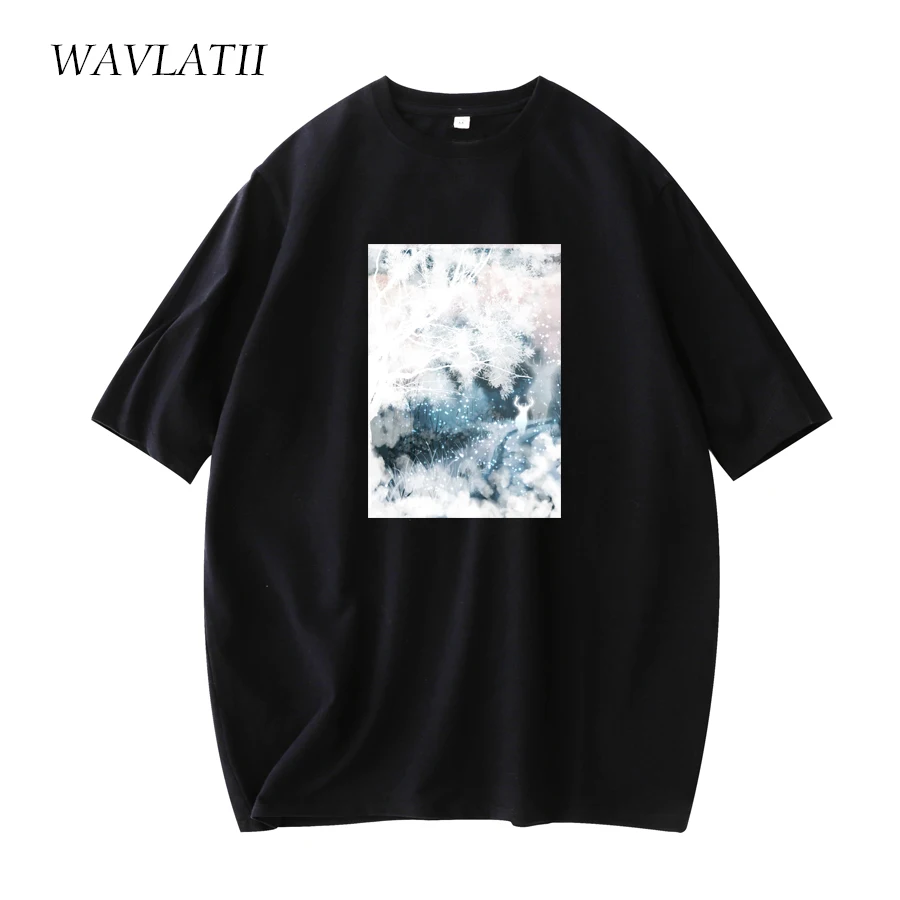 WAVLATII Lady New Cotton Art Print Tees Women Streetwear Summer T shirts Female Black White Casual Tops WT2105