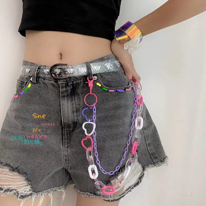 2021 Hip Hop Rainbow Resin Chain Keychain Men Women Cute Waist Chain Candy Colo Acrylic Circle Pants Trousers Chain Punk Jewelry