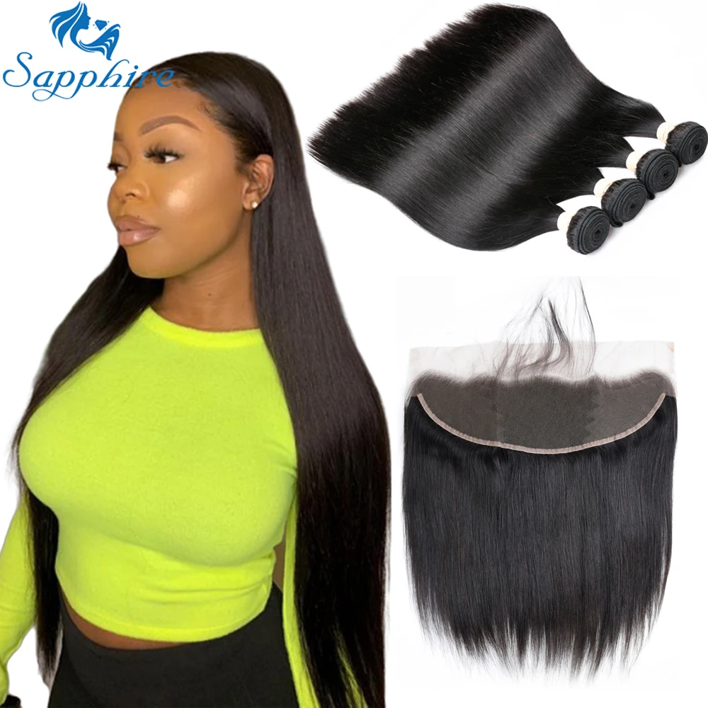 Brazilian Straight Hair Bundles With Lace Frontal Sapphire Remy Human Hair 4 Bundles With Closure 13*4 Frontal With Bundles