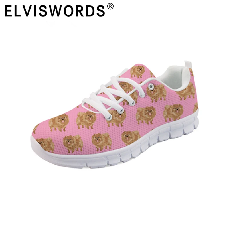 

ELVISWORDS Cute Lady Flats Casual Sneakers Cartoon Animal Pomeranian Floral Pattern Flat Shoes Light Breathable Mesh Women Shoes