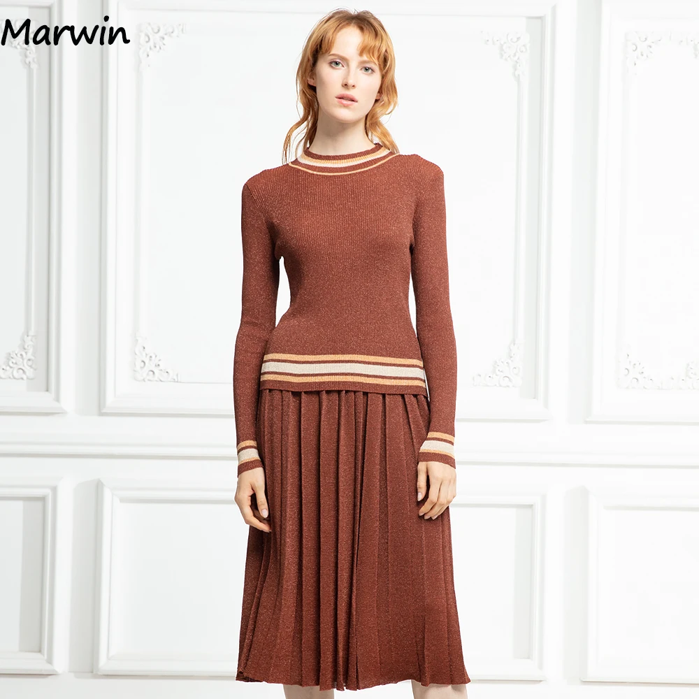 Marwin New-Coming Autumn Spring Warm Soft High Street Style Women\'s Sets Casual Mid-Calf Skirts Elastic Waist Silm Sweaters Sets