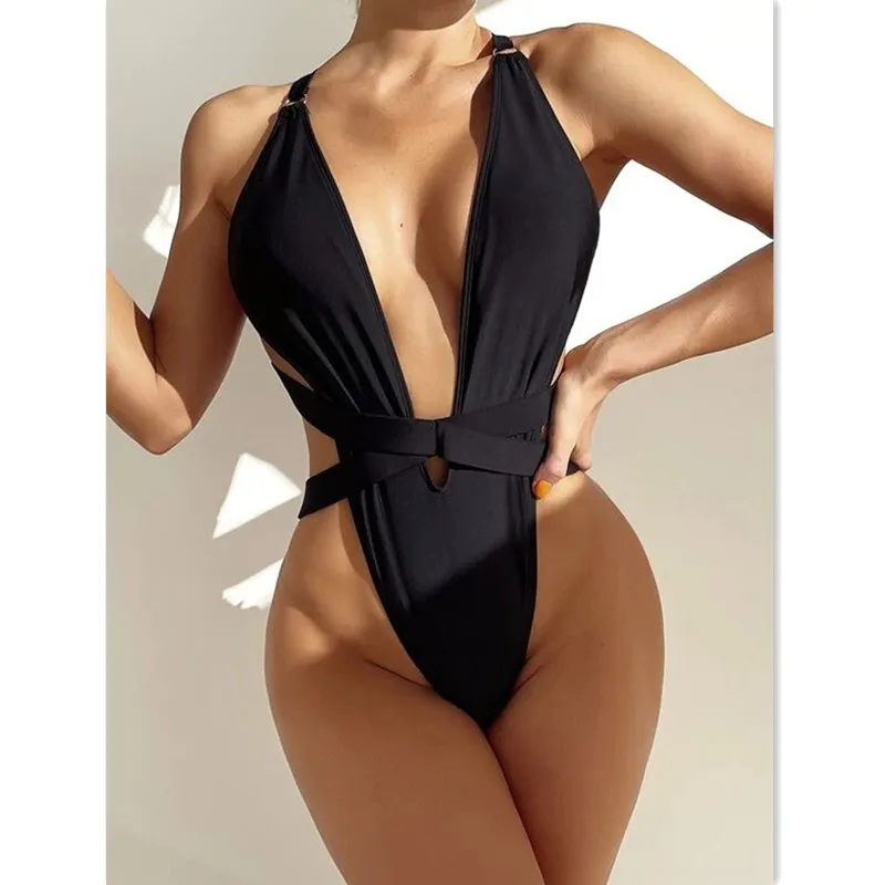 2026 Sexy Deep V Bodysuit Backless Black Swimwear One Piece Women Swimsuit Monokini Push Up Bathing Suit Brazilian Biquini Mujer