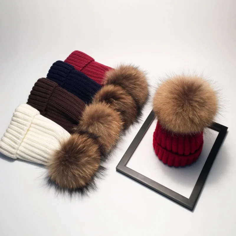 New natural Female Fur Pom Poms hat Winter Hat For Women Girl 's Hat Knitted Beanies Cap Hat Thick Women Skullies Beanies