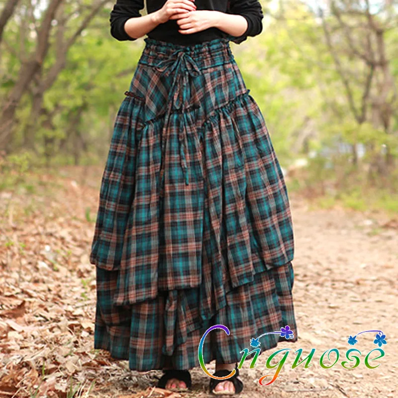2019 Plus Size 6XL Spring Autumn Female Vintage Casual Lattice Plaid Cotton Retro purple Long Skirt designs / Tutu Skirts Womens