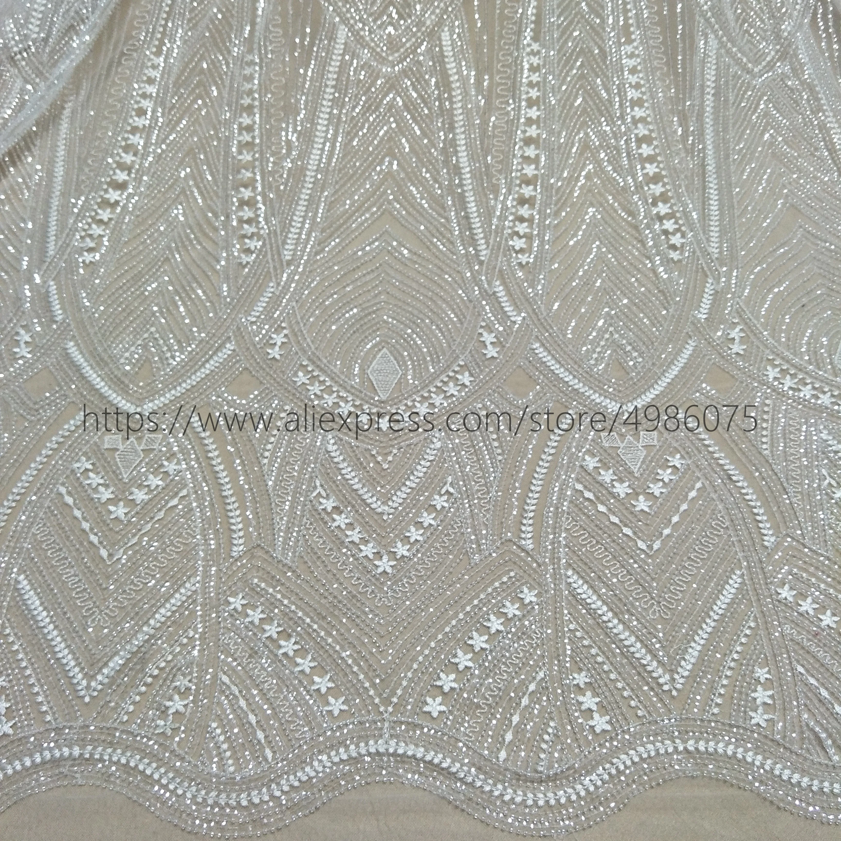 Fashion heavy beading lace fabric bridal wedding gown dress lace 130cm width sell by yard