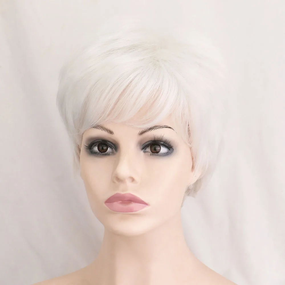 SuQ Classical Short Sliver Wig For White Women Hair Synthetic Natural Curly Sliver White Cosplay Heat Resistant Daily Wigs