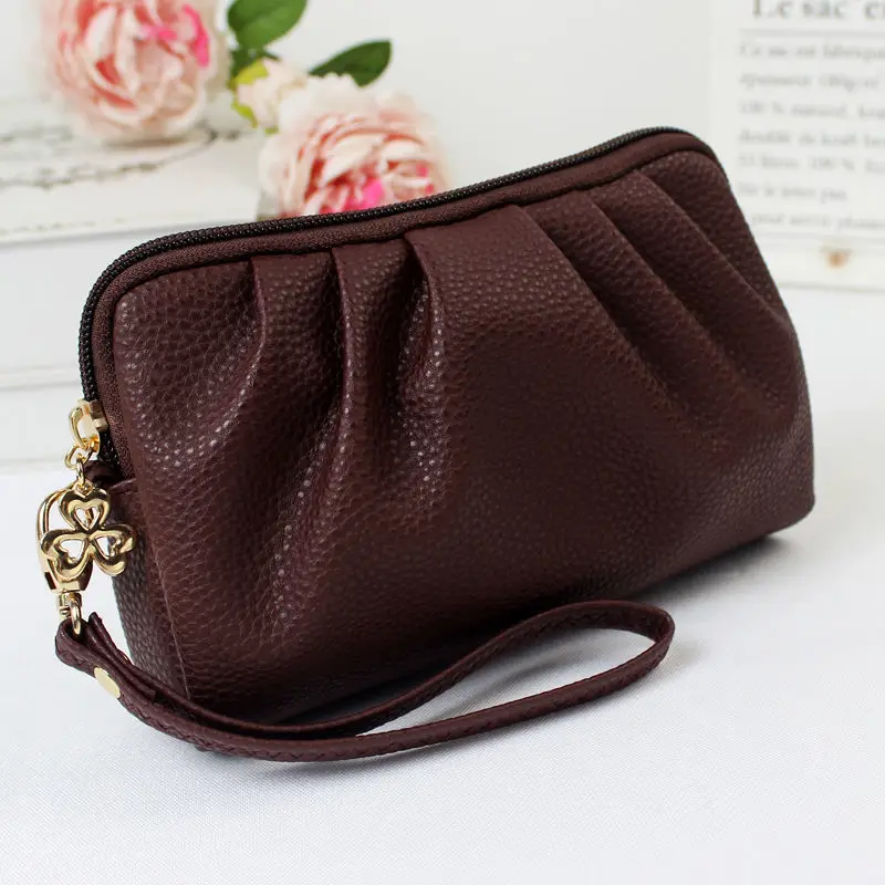 Clutches Women Solid Vintage Pleated PU Leather Simple Multi-function Zipper Ladies Handbags Korean Stylish Fashion Coin Purses