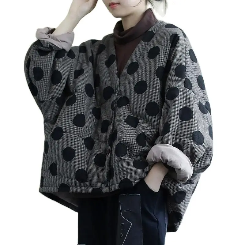 

Women's Cotton Coat Parkers V-Neck Loose Autumn Winter Coat Quilted Thicken Warm Polka Dot Print Outerwear Casual Tops Female