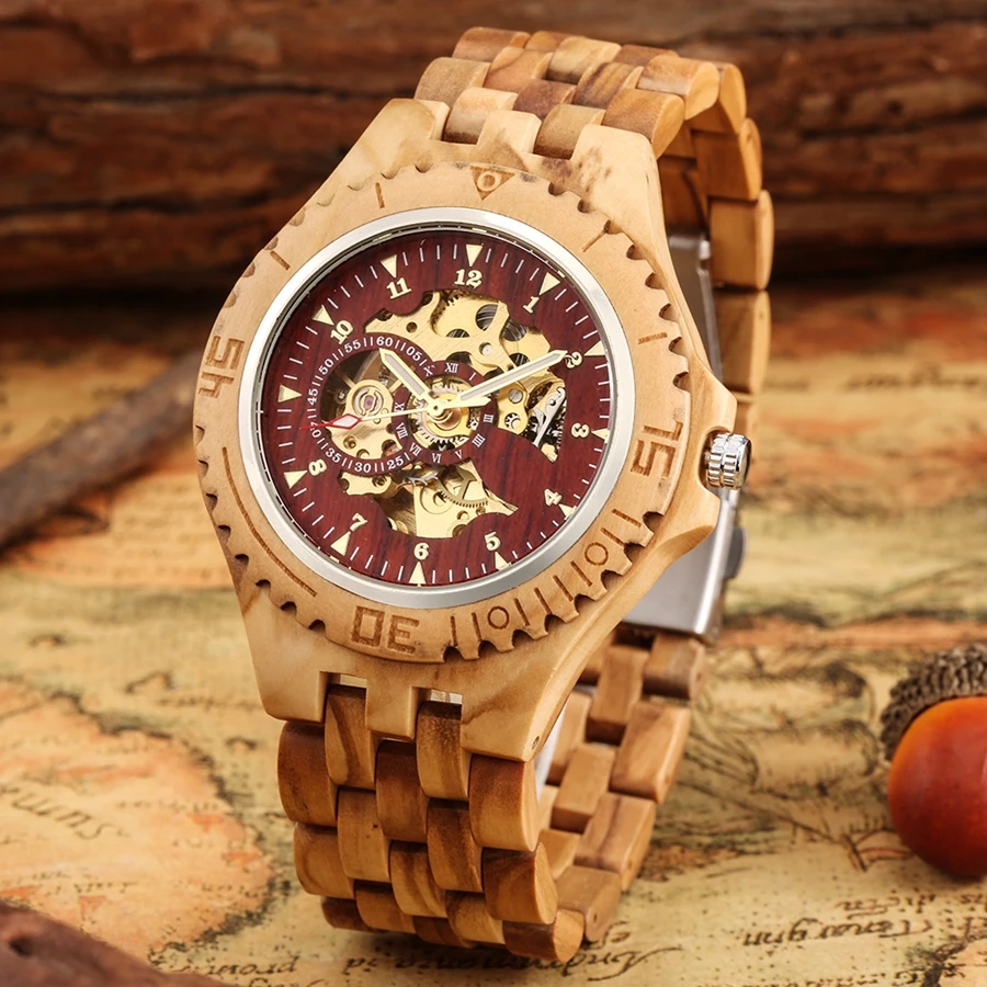 Men\'s Watch Top Luxury Mechanical Watch Automatic Red Skeleton Cherry Wood Clock Men Full Wooden Band Casual Wristwatch Retro