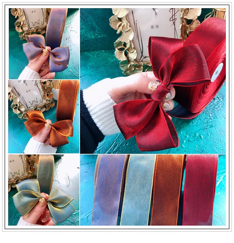 10yards Fantasy Gold Silk Snow Yarn Ribbon Roll 38mm 15 Colors For Hair Accesories Headband Clips Bow Handmade