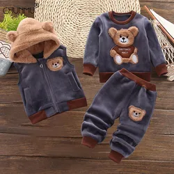 Children's Clothing Winter Suit 1 2 3 4 Years Toddler Boy Girl Fashion Fleece Thick Warm 3PCS Set Vest Hooded Tops Pants