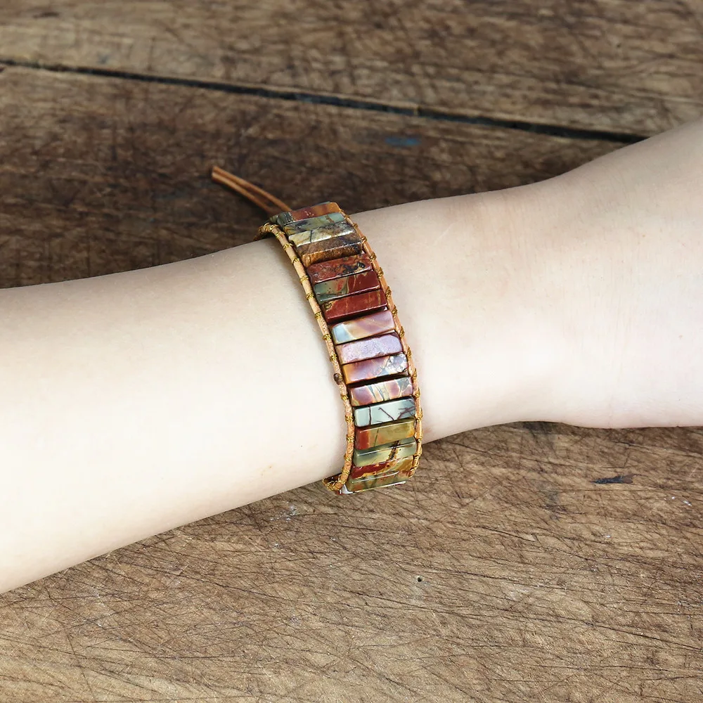 Women Men Tube Shape Picasso Stone Leather Boho Bracelet Natural Stones Charm Strands Wrap Bracelets Handmade Jewelry