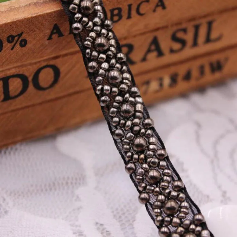 1yard/lot 10mm Pearl Beaded Lace Fabric Ribbon For DIY Sewing Garment Collar Sleeve Skirt Lace Materials N0303