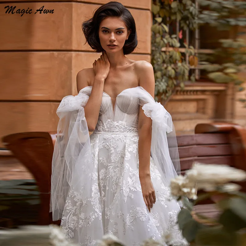 Magic Awn-Vestidos De Novia sin hombros, apliques De encaje, Vestidos De princesa para novias, bohemios, con cordones en la espalda