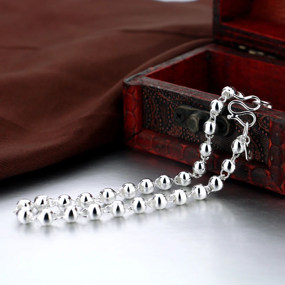 Ladies Silver Necklace 925 Sterling Silver 5-6-8MM Round Bead Chain Glossy Design High Jewelry Birthday Gift