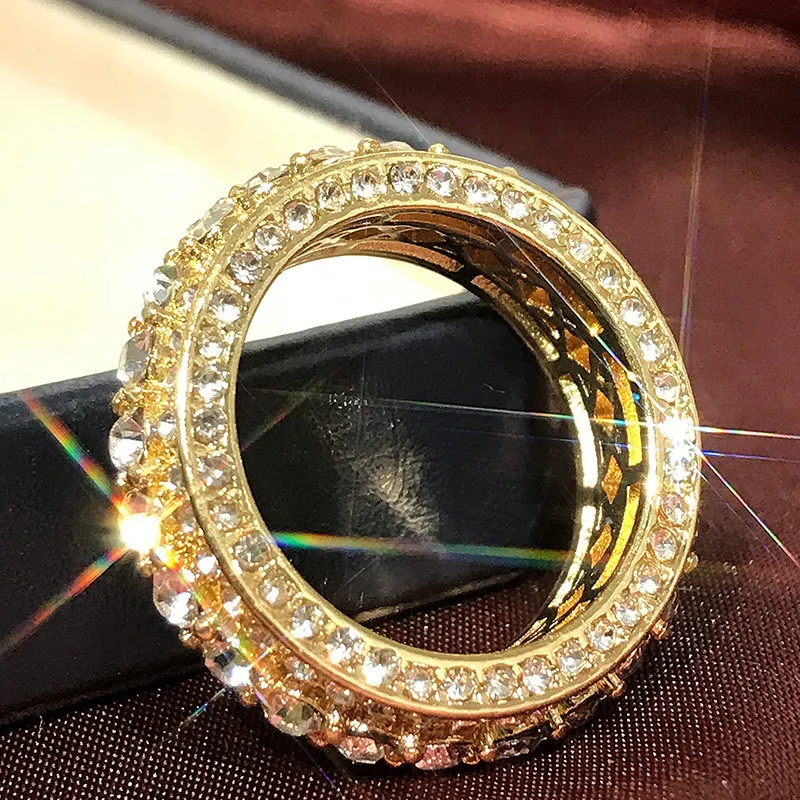 Fashion Gold Color Round Crystal Zircon Women\'s Ring Inlaid Rhinestone Female Ring for Party Jewelry Accessories Size 5-11