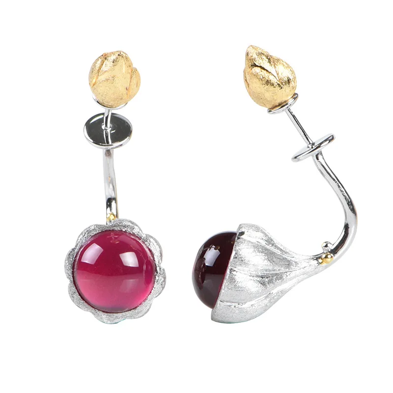 

real 100% S925 sterling silver gold-plated brushed craftsmanship with lotus inlaid red corundum silver earrings female