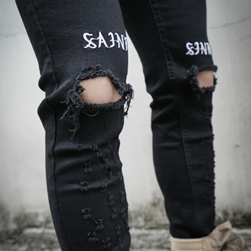 High New Street Black Hole Ripped Brand Jeans Men Letter Slim Thin Rock Pencil Pants Cowboy Streetwear Male Jeans Trousers