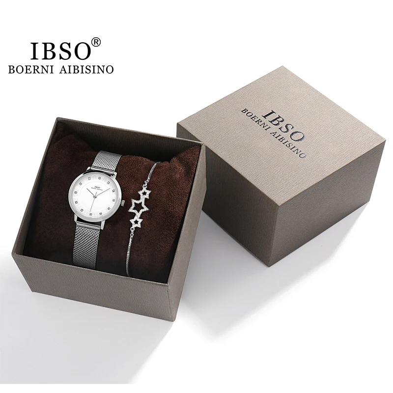 IBSO 8mm Ultra thin Silver Women Watch Bracelet Set Mesh Stainless Steel Strap Quartz Clock Hours Sets To Ladies Gift