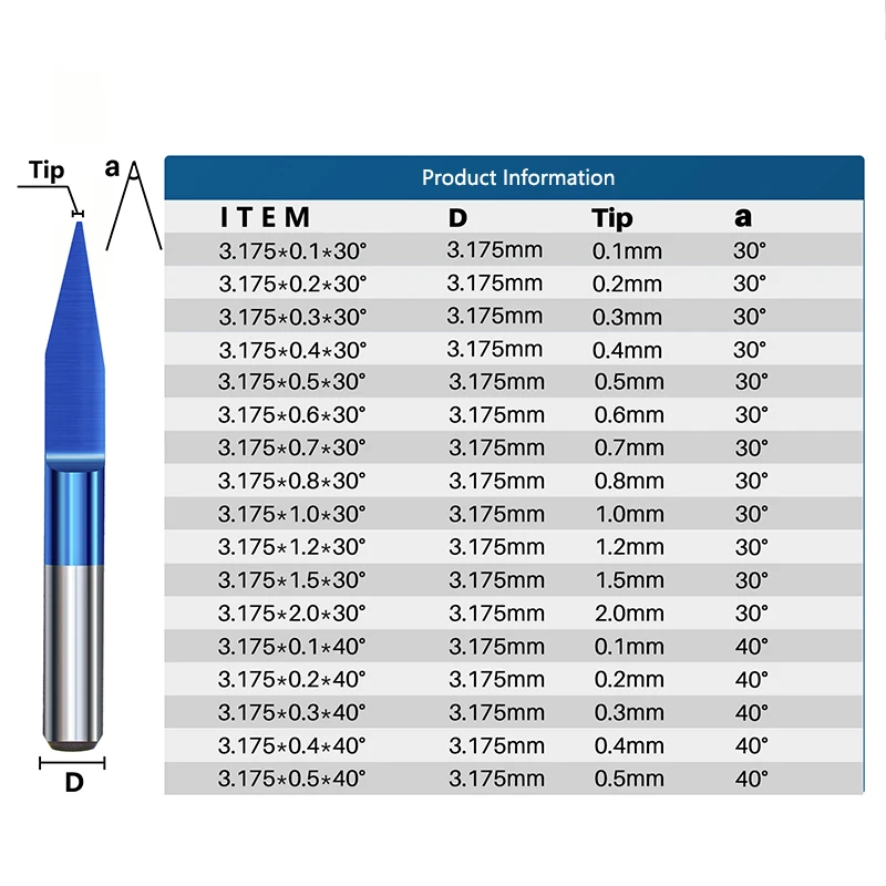 XCAN 10pcs PCB 3D Engraving Bits Blue Coating Carbide V Shape CNC Router Bit 30/40 Degrees Milling Cutter for CNC Engraving