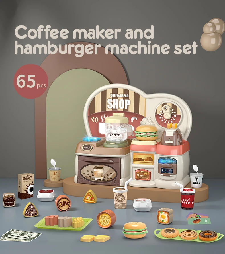 65pcs cocina Children miniature KitchenToys Simulation Cookwarer Coffee Maker Hamburger machine Pretend Play Set Toys for Girls