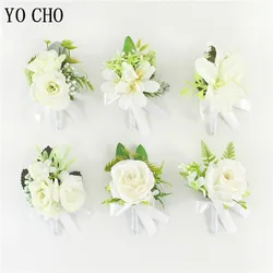 YO CHO-Boutonniere para padrino de boda, rosas de seda, pulseras de muñeca blancas para dama de honor, flores, abotonadura, accesorios de boda