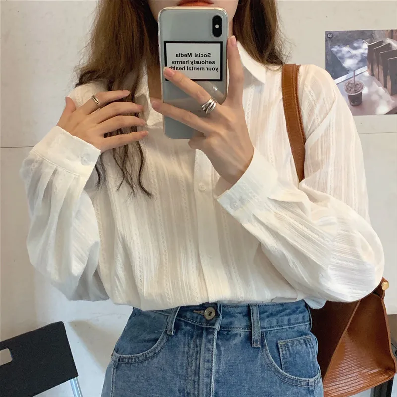 Alien Kitty 2021 White Striped Office Lady Loose Fashion Hot Vintage Shirts Female Casual Tops All Match Streetwear Blouses