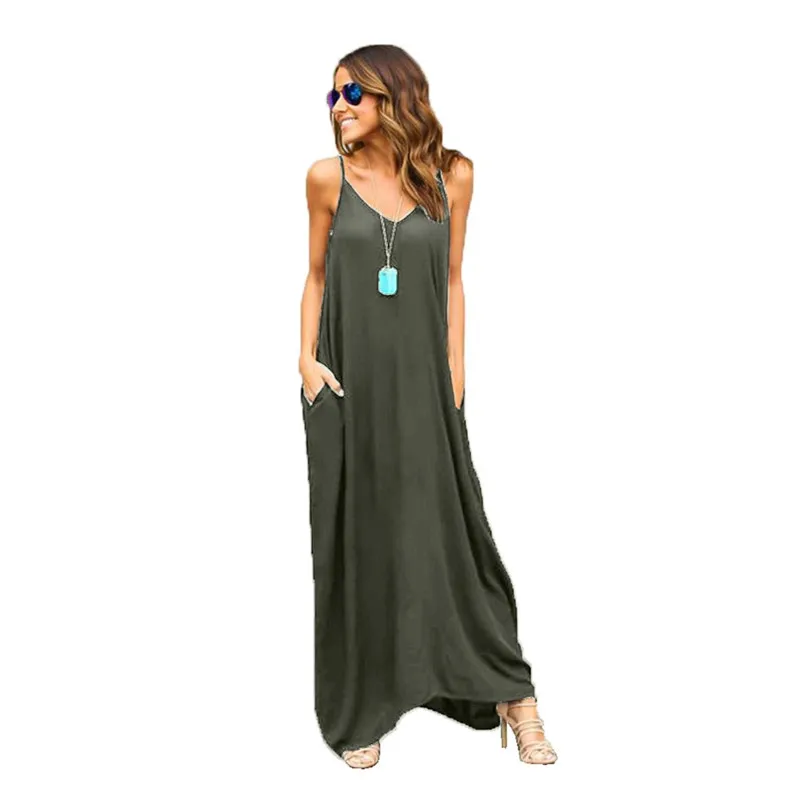 

Women Summer Casual Loose Sleeveless V Neck Strap Long Dress Simple Solid Color Beach Home Dress Comfort Vest Dress with Pocket