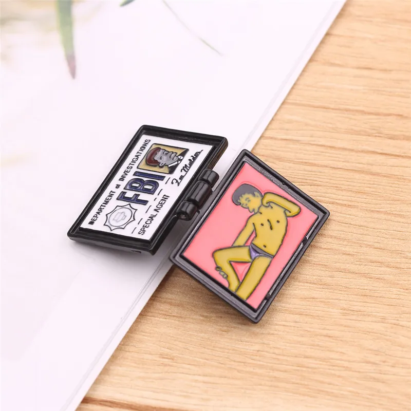 Creative Enamel Pin Business Card Special Agent FBI Mr. Can be Flipped Brooches Clothing Accessories Jewelry Gifts