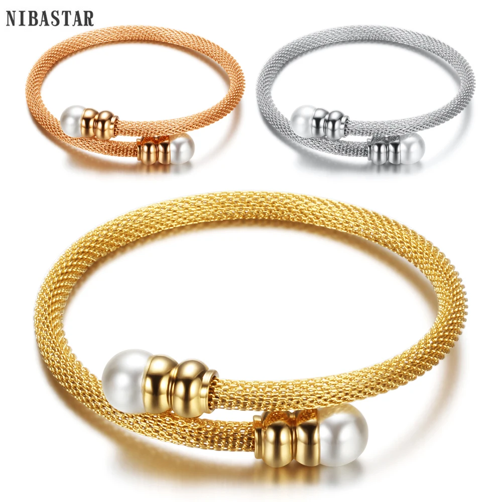 Fashion Pearl Jewelry HOT Sale New Women Cable Bangles Gold Color 316l Stainless Steel Bracelets Bangles