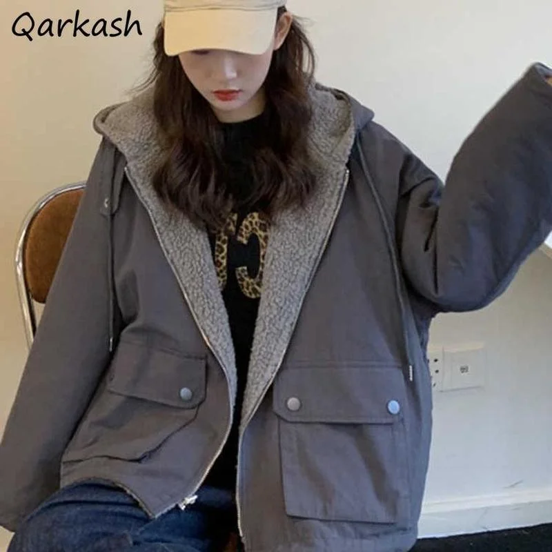 

Parkas Women BF Hooded Loose High Street Thicker Stylish Zipper-fly Basic Ins Female Outwear Unisex Cool Warm Popular Classy Fit