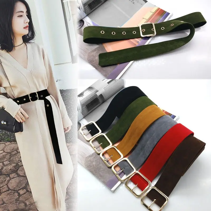 105cm Women Fashion Dress Knot Long Velvet Belts Square Buckle Coat Sweater Belt Red/Yellow/Green/ Brown/ Black