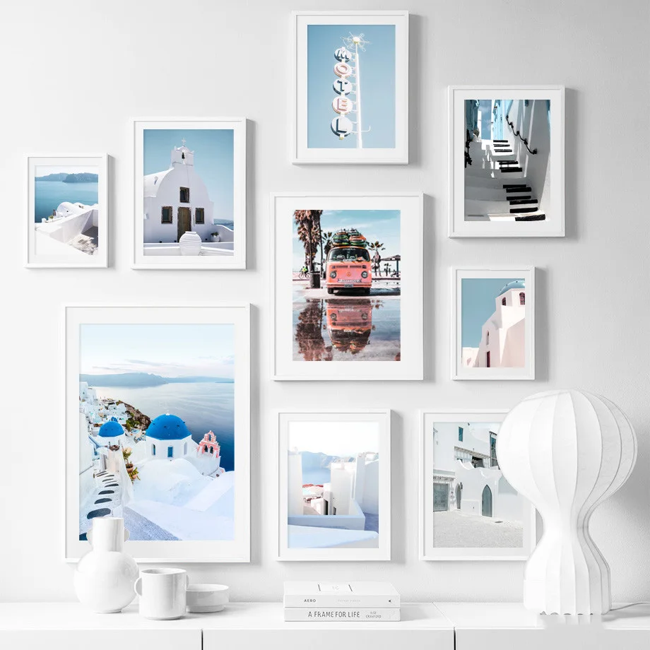 

Santorini Sea Bus Palm Tree Retro Building Wall Art Canvas Painting Nordic Posters And Print Wall Pictures For Living Room Decor