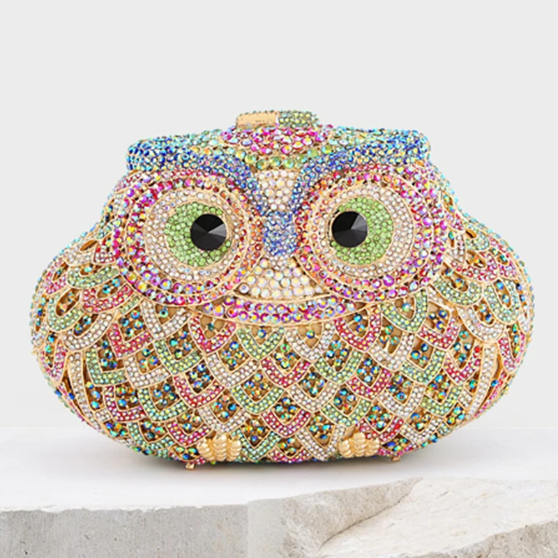 

Owl Shape Crystal Evening Bags Women Wedding Handbags AB Diamond Clutch Bag Ladies Party Gold Metal Minaudiere Lisptick Purse