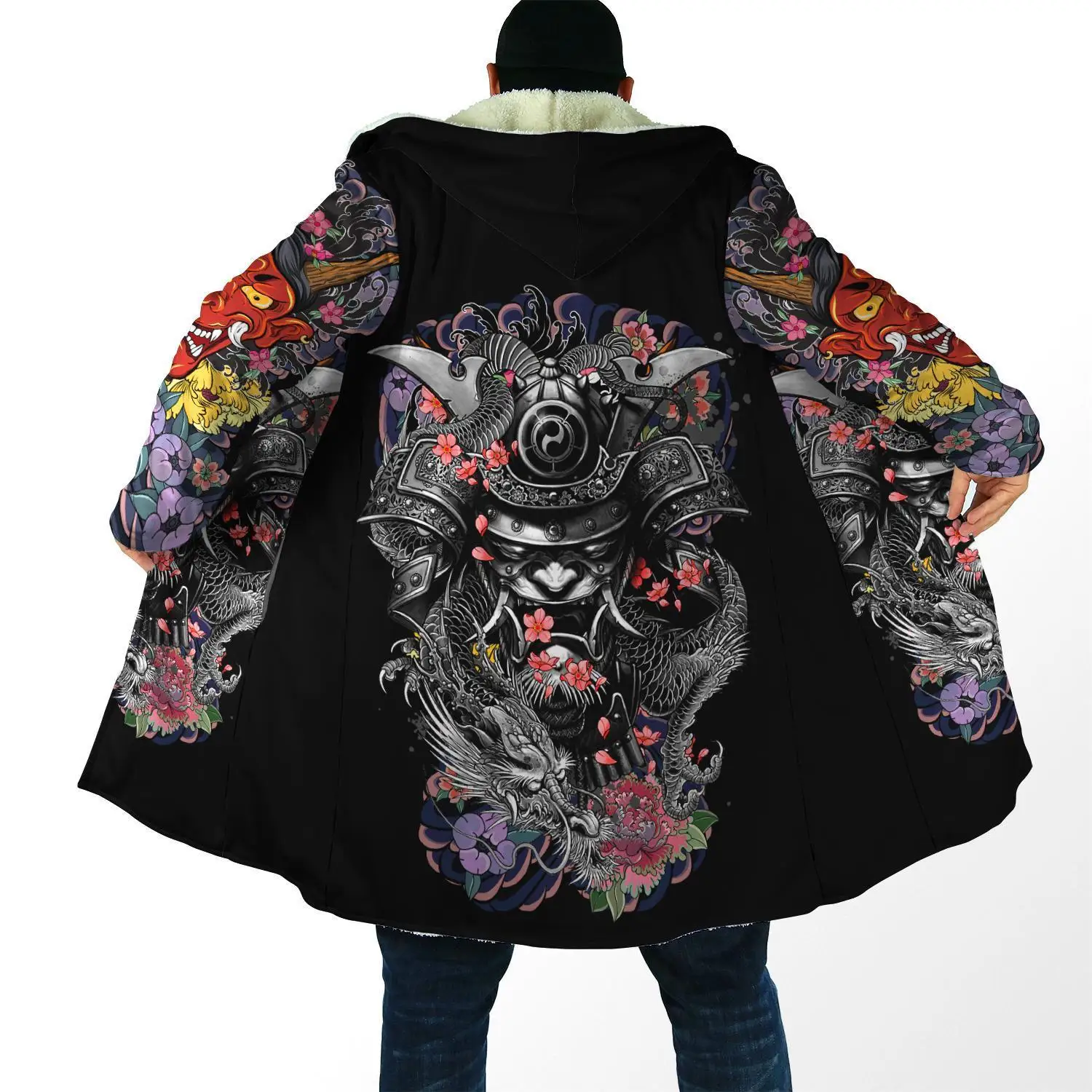 Capa de moda de invierno para hombre, capa con capucha de lana gruesa con estampado 3D de tatuaje de samurái, Geisha y León, capa cálida informal Unisex DP07