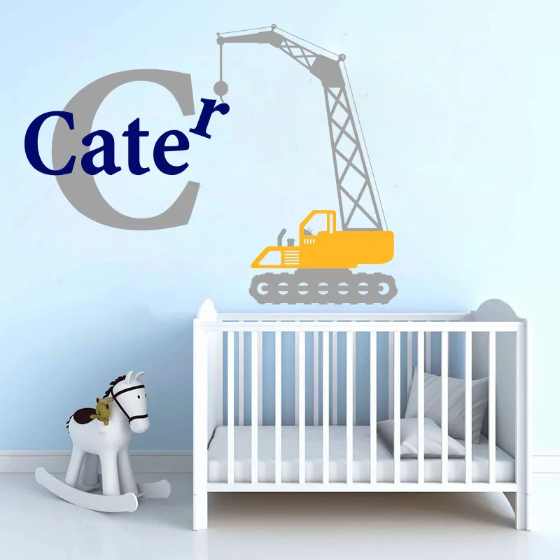 Cartoon Custom Name Construction Crane Wall Sticker Boy Kids Room Personalized Truck Crane Car Wall Decal Teen Vinyl Home Decor