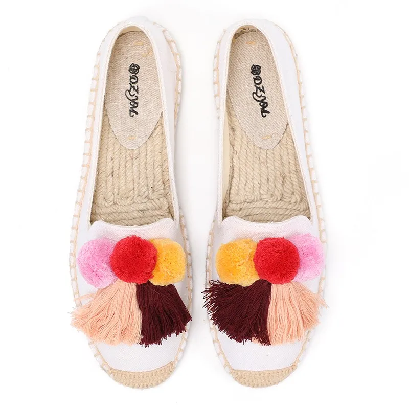 Ladies flat fashion hair ball flat shoes retro all-match breathable linen women's laces fringed thick-soled espadrilles