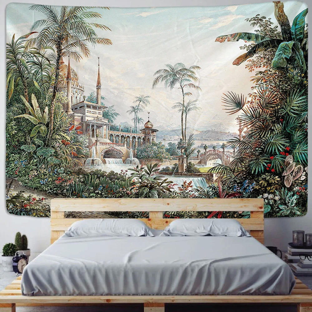 Palm Tree Tapestry Wall Hanging Tropical Leaves Flowers Pattern Beach Wall Tapestry Animal Backdrop Wall Cloth Carpet Tapestries