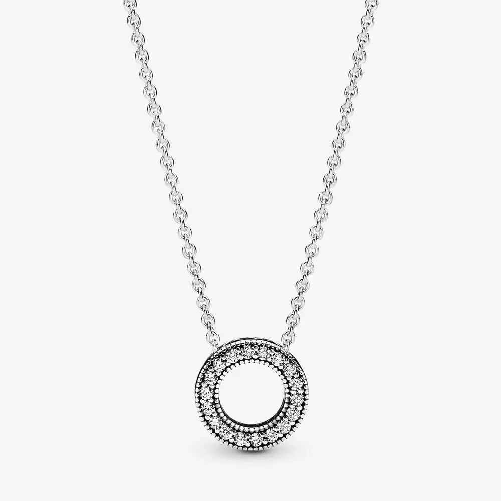 

100% Real 925 Sterling Silver Pave Circle Collier Necklace for Women Jewelry Clear CZ Necklaces & Pendants Free Shipping