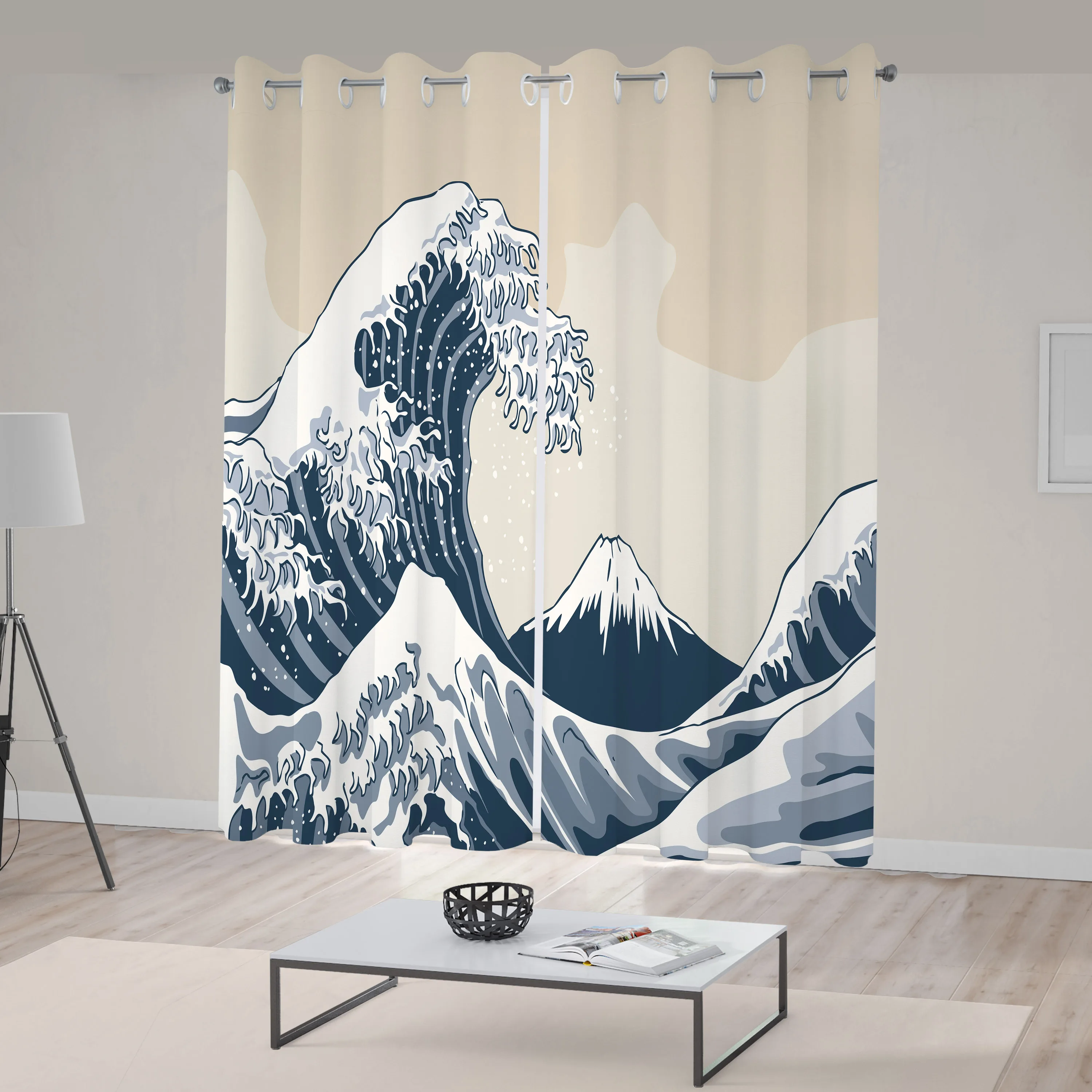 Wave Curtains Oriental Culture Hand Drawn Style Japanese Motifs Illustration Wave Living Room Bedroom Window Drapes Blue Grey