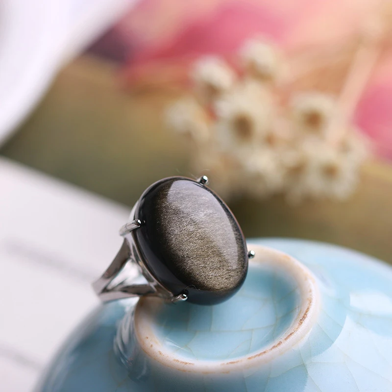 Natural Obsidian Ring Gold Eye Stone S925 Sterling Silver Mosaic Ring Simple Men Women Gift Crystal Ring Jewelry