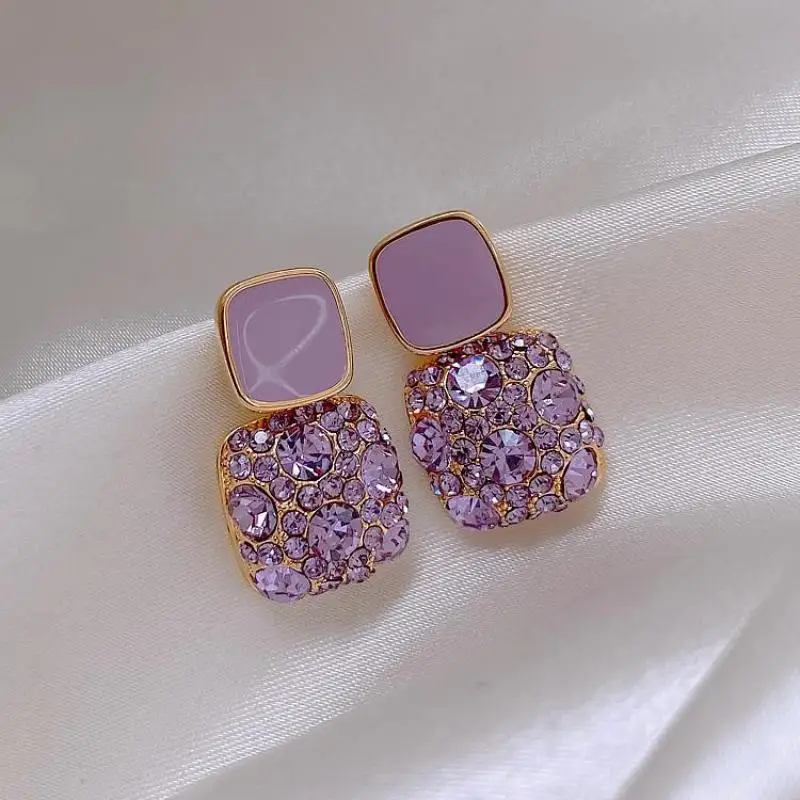 S925 Silver Needle Purple Personality Square Rhinestone Dripping Oil New Temperament Net Red Earrings Wedding Gift Jewelry