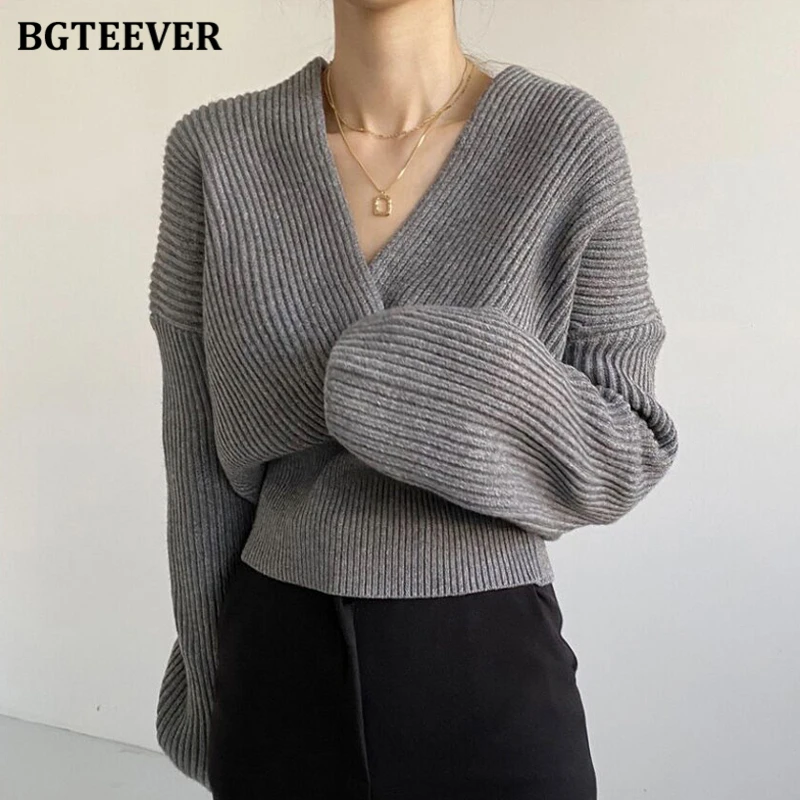 BGTEEVER Stylish V-neck Cross-Criss Women Knitted Pullovers 2020 Elegant Loose Warm Sweater Female Full Sleeve Knitting Tops