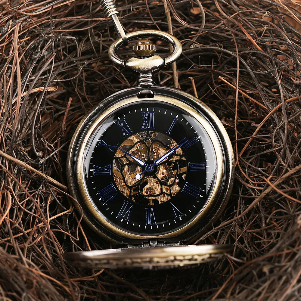Steampunk Bronze Retro Eagle Blue Roman Numerals Mechanical Pocket Watch Transparent Skeleton Hand Winding Pocket Clock reloj