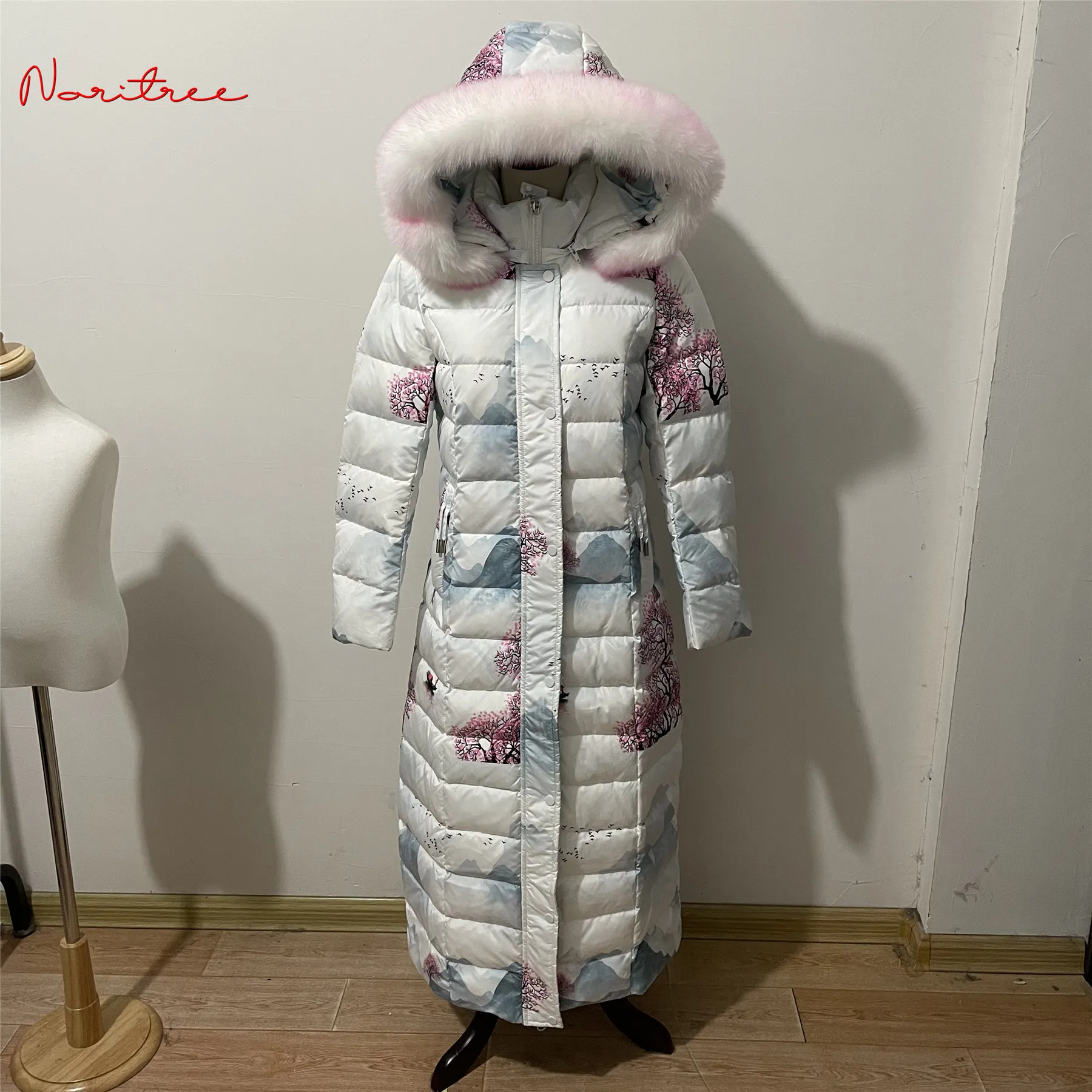 Can fit -30℃ Winter 125cm Super Longer Duck Down Coats Female Thicker Warm Fur Coats Large Real Fox Fur Hooded Parkas wy362