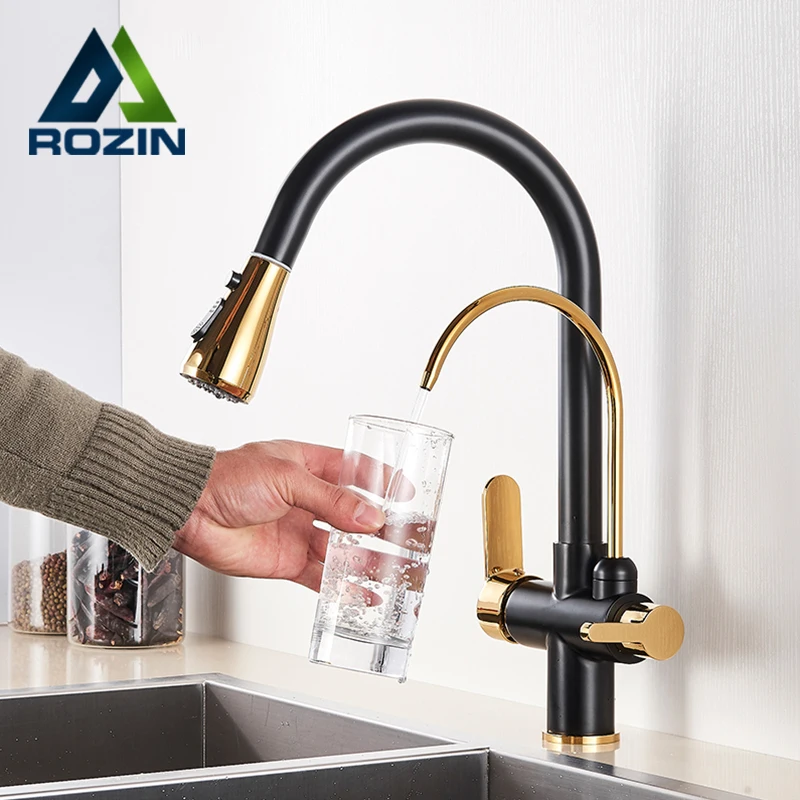 Black and Golden Filtered Crane For Kitchen Pull Out Sprayer  drinking water Three Ways Water Filter Tap Kitchen Faucet hot cold