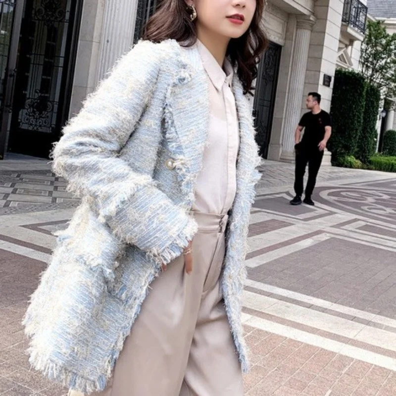 Ladies Office Tweed Double Breasted Suit Jacket New Spring Autumn Women Jackets Elegant Long Sleeve Tassel Casual Striped Blazer